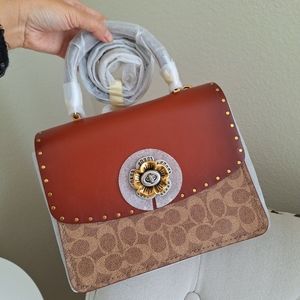 Coach Parker Top Handle Signature Canvas Tan/Black Crossbody Bag Flower Turnlock